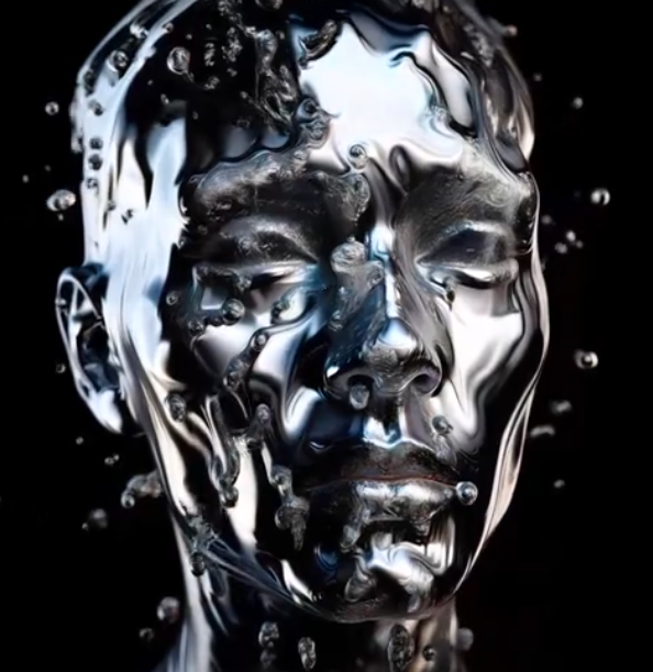 Liquid chrome face with droplets suspended in air