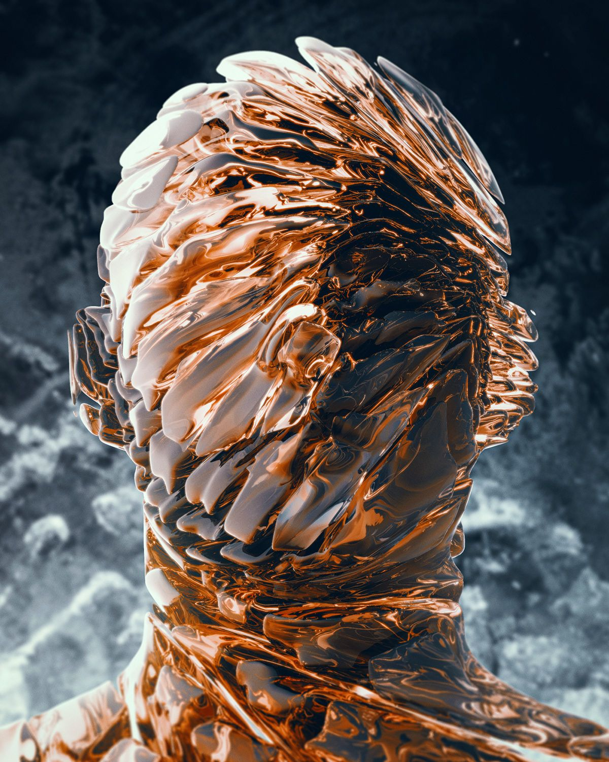Copper and glass head formed by layered flowing surfaces